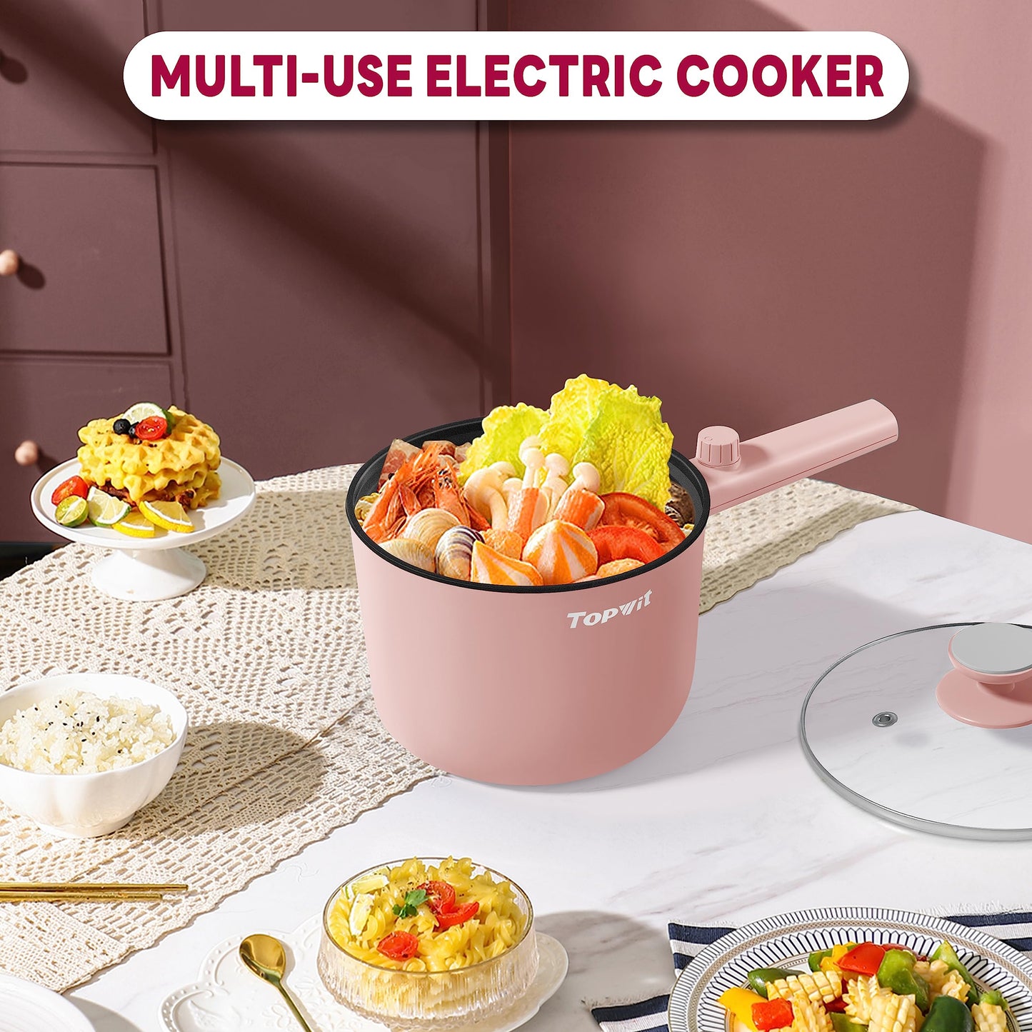 Topwit Hot Pot Electric, 1.5L Ramen Cooker, Portable Non-Stick Frying Pan, Electric Pot for Pasta, Steak, BPA Free, Electric Cooker with Dual Power Control, Over-Heating & Boil Dry Protection, Green